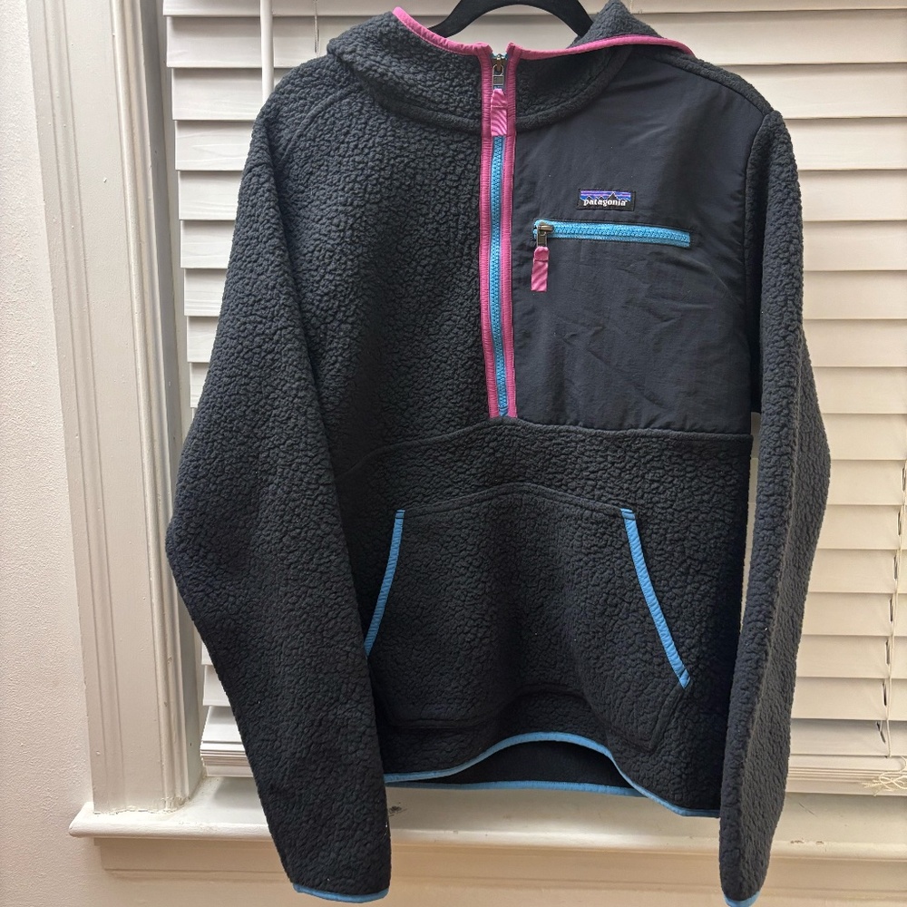 Patagonia Black Fleece Pullover with Blue and Pink Accents